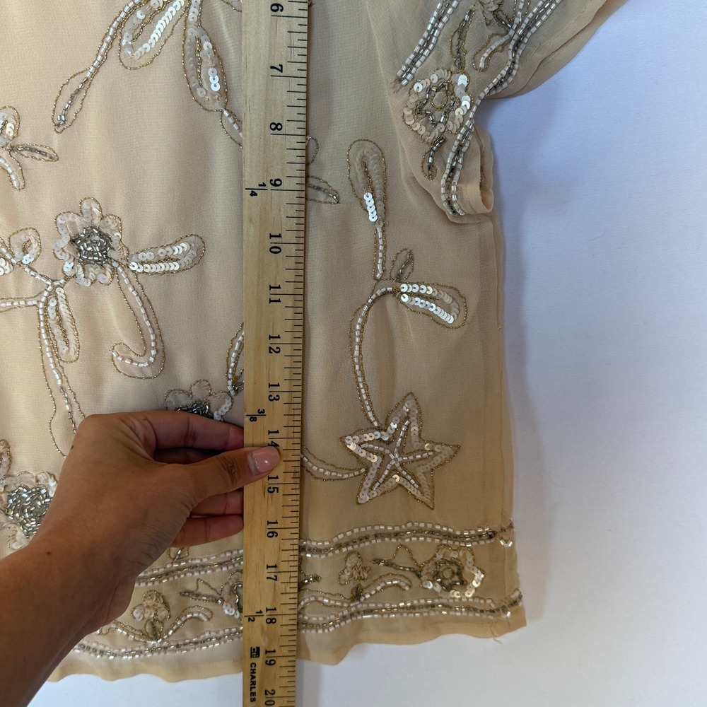 Zara Beaded Sequin Lined Top Women's Medium Tan Floral Sheer Fairycore Whimsical - Picture 4 of 10